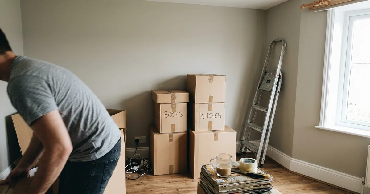 Freshly painted neutral living room in a Round Rock home with moving boxes stacked by the wall