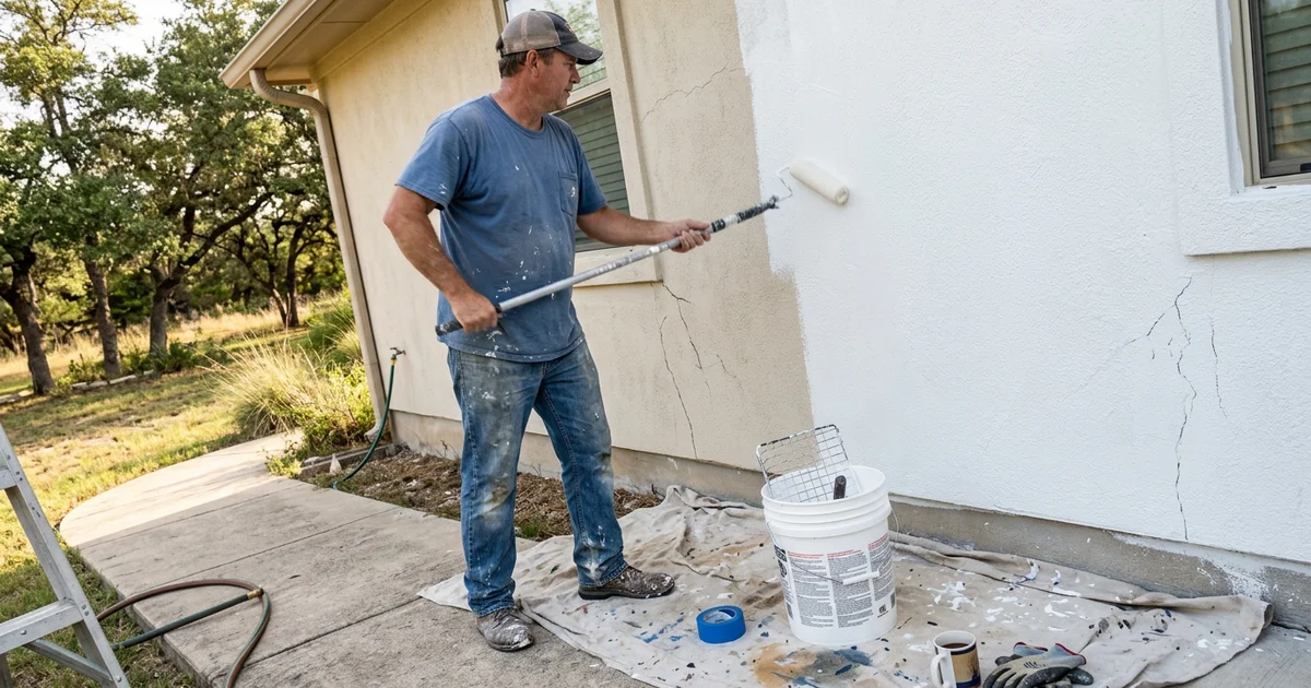 Painter rolling thick elastomeric coating over a Round Rock stucco wall with hairline cracks