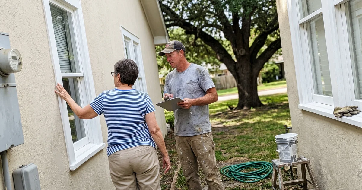 Round Rock homeowner and painter inspecting exterior trim together during a walkthrough