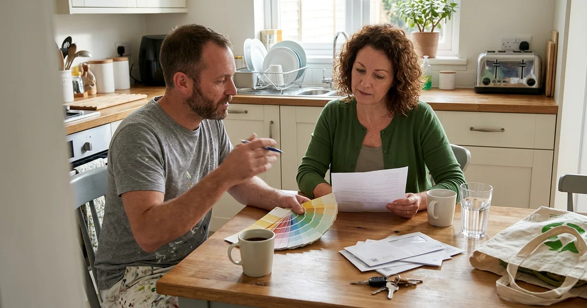 Round Rock homeowner reviewing a written painting quote at the kitchen table with a painter
