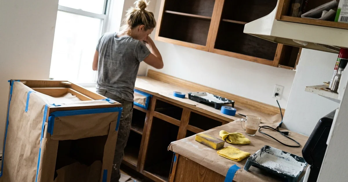 Round Rock kitchen halfway through cabinet painting with doors removed and boxes masked