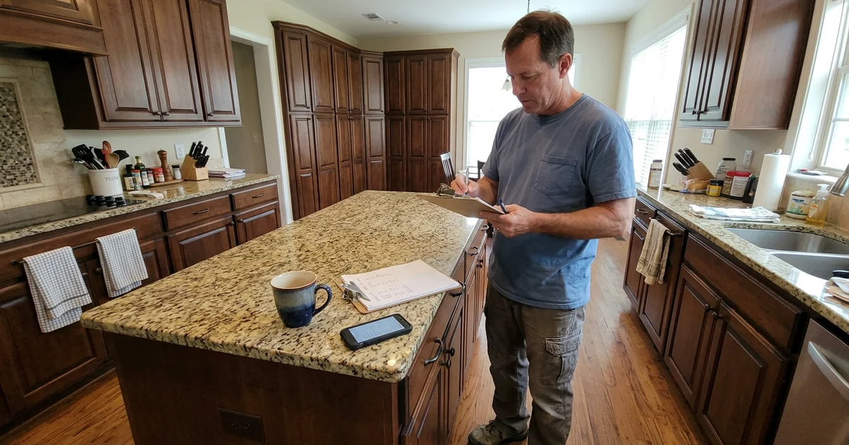 Round Rock kitchen with an island and a painter counting cabinet doors on a clipboard