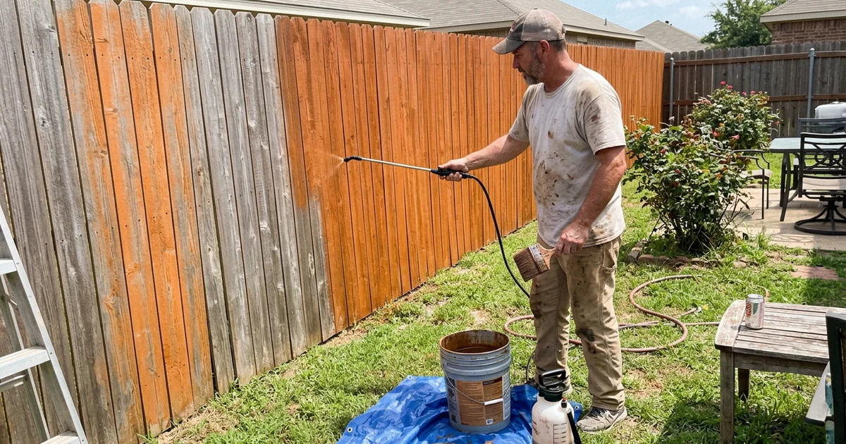 Long Round Rock backyard cedar fence being stained with a sprayer and back-brush