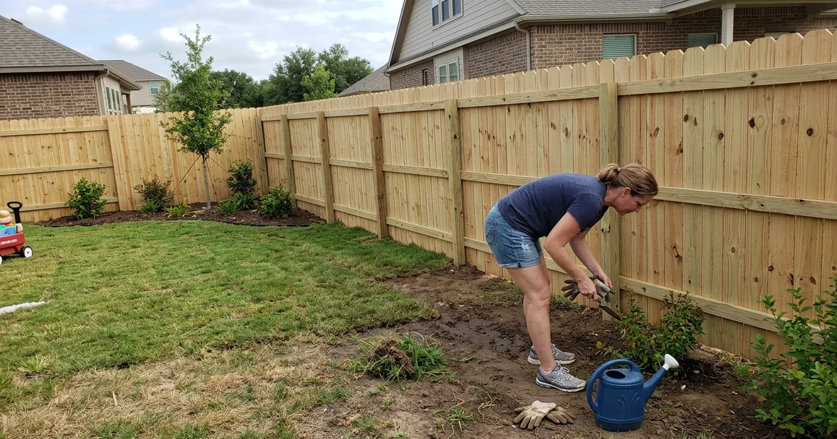Newly built pressure-treated pine fence in a new Round Rock subdivision backyard