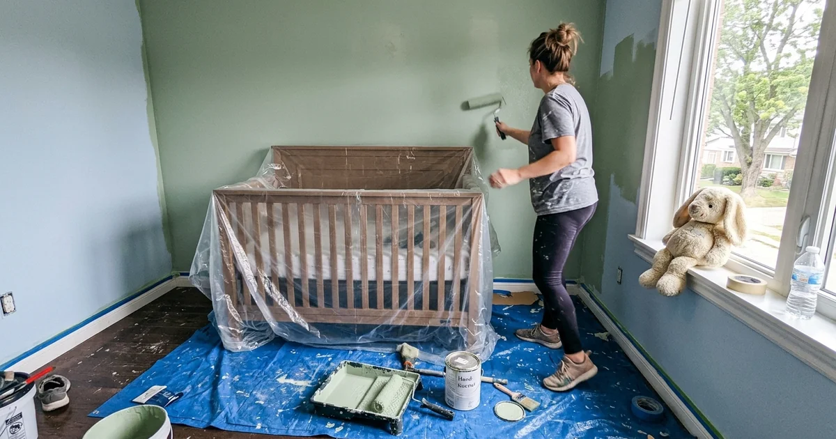 Round Rock nursery being painted a soft color with the crib wrapped in plastic