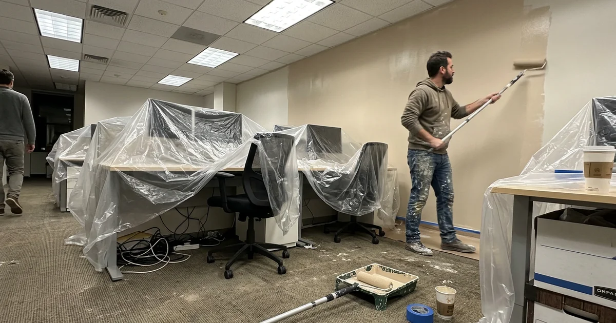Round Rock office at night with desks covered in plastic and a painter rolling a wall