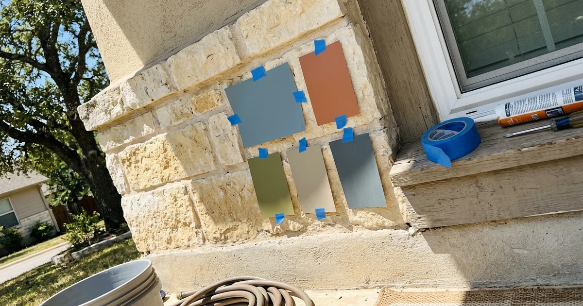 Paint sample swatches taped to a limestone-accented Round Rock wall in bright afternoon sun