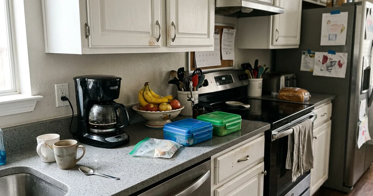 Painted white kitchen cabinets in daily use in a Round Rock home with a coffee maker and fruit bowl on the counter