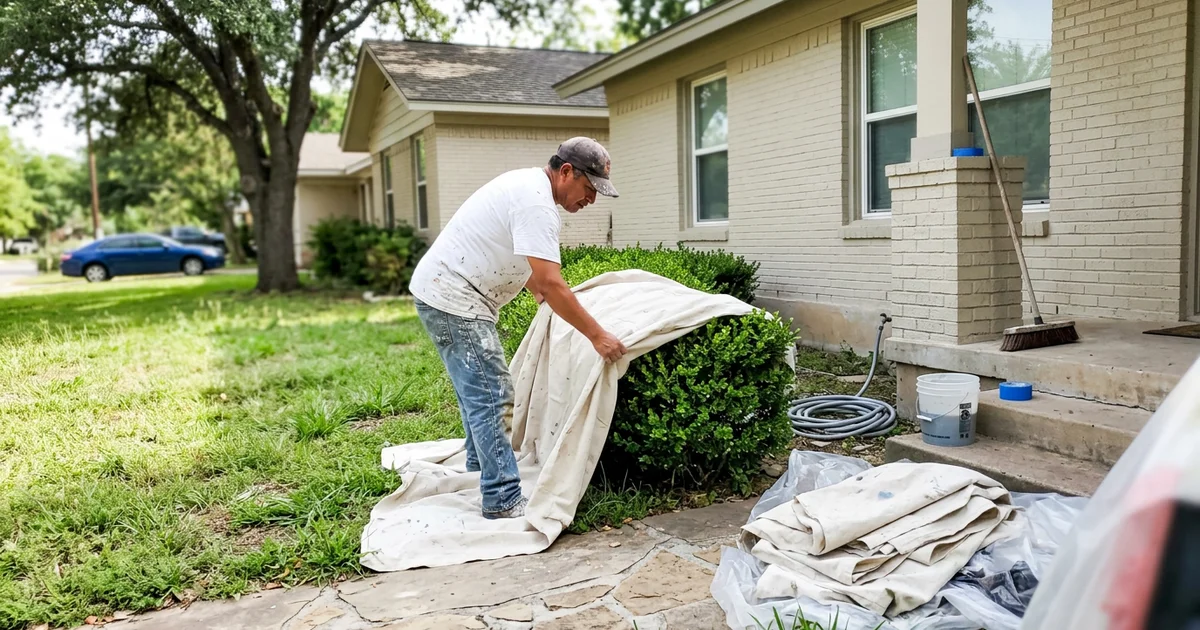 Painter covering shrubs and a walkway with drop cloths before a Round Rock exterior repaint