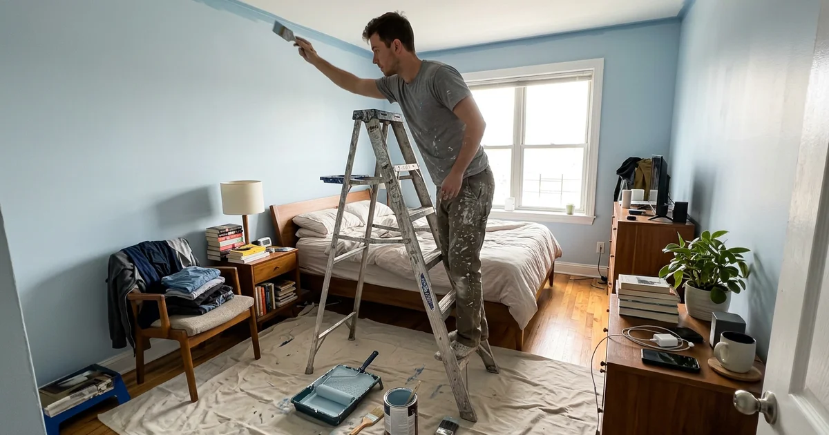Painter cutting in along the ceiling line in a Round Rock bedroom with a step ladder nearby