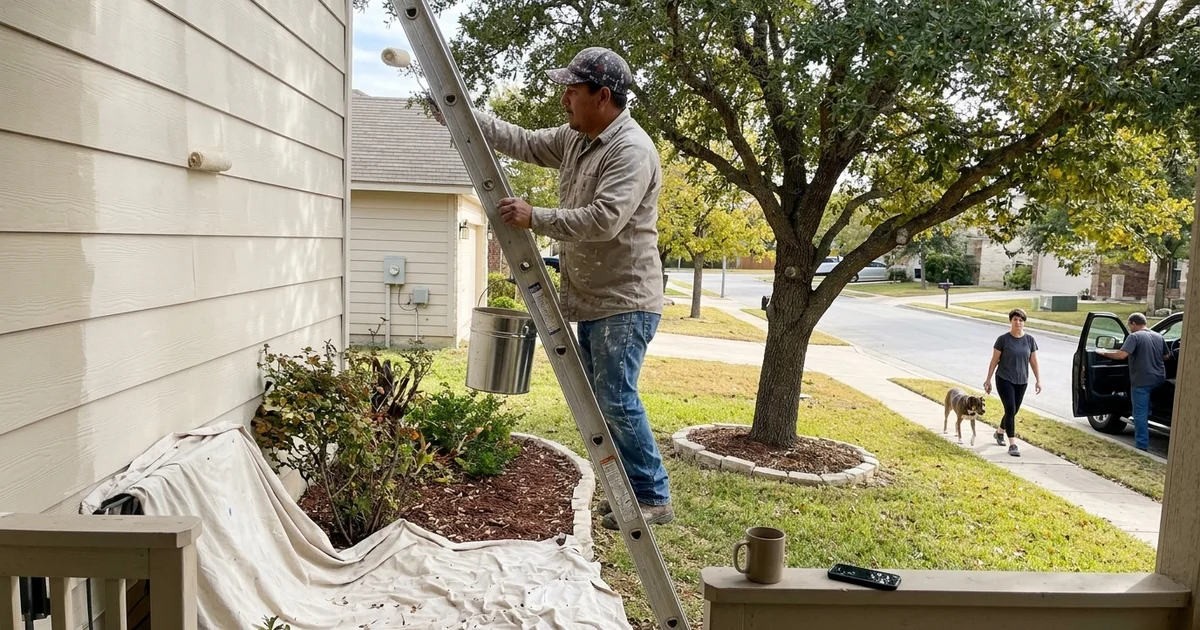 Painter on a ladder repainting siding of a Round Rock home on a clear fall morning