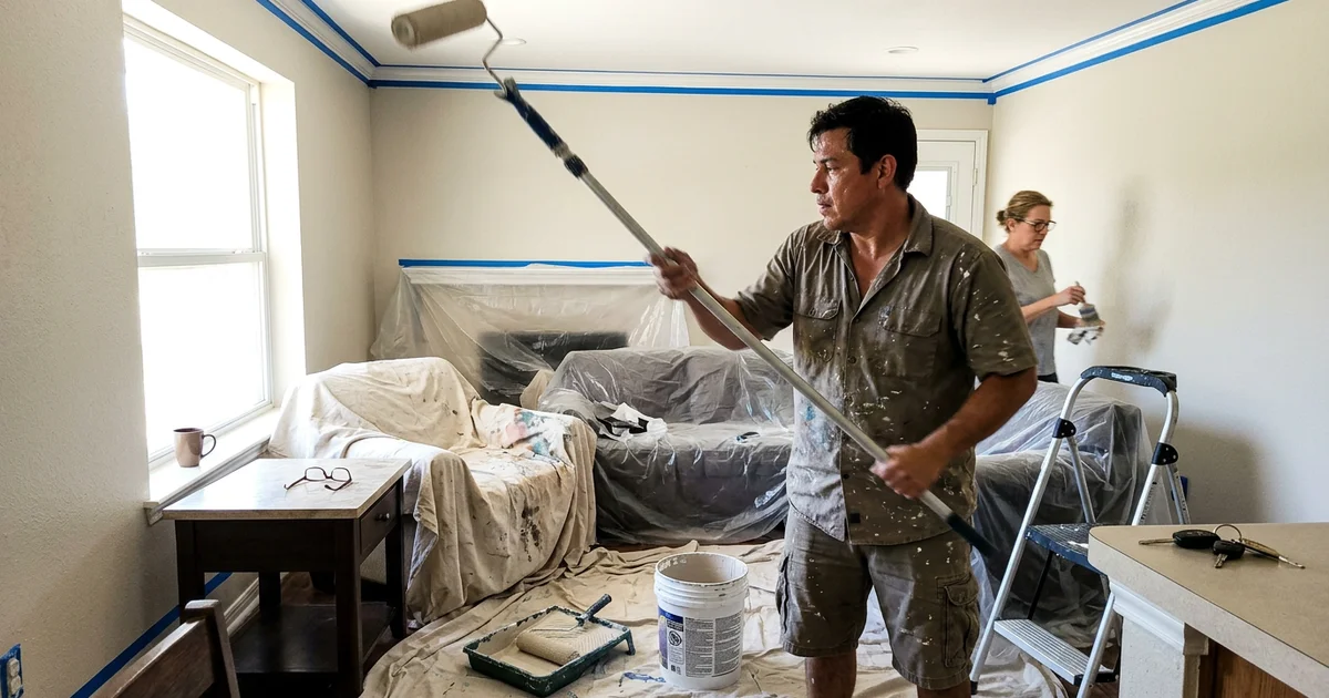Painter rolling a Round Rock ceiling on an extension pole with walls taped below