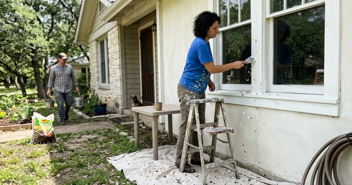 Painter scraping loose paint off wood trim on a Round Rock house, paint chips on the drop cloth below