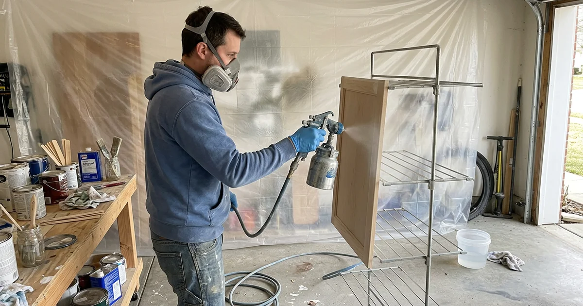 Painter spraying a Round Rock cabinet door with an HVLP gun on a drying rack in a garage