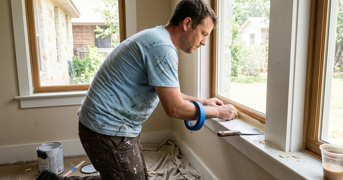 Crew lead Owen Callahan checking masking tape on window trim of a Round Rock home