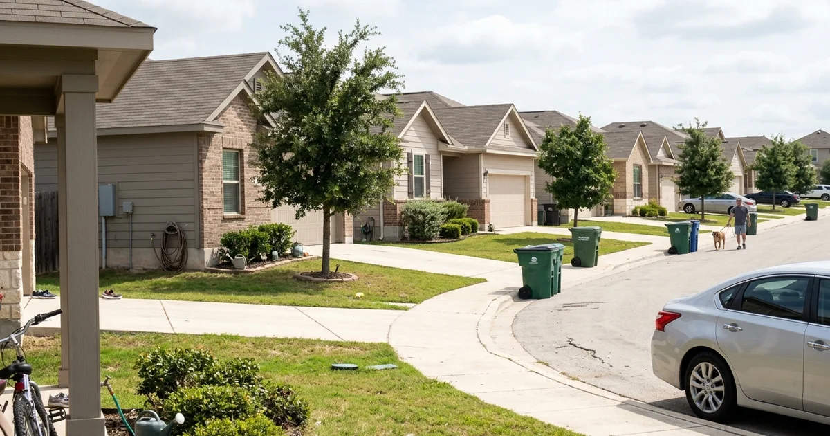 Row of Round Rock homes in muted approved colors on a quiet HOA street