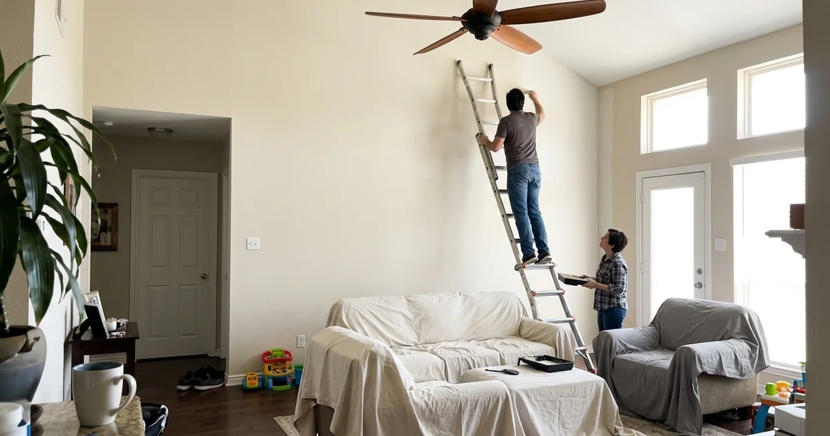 Tall vaulted living room in a Round Rock home being painted from a tall ladder