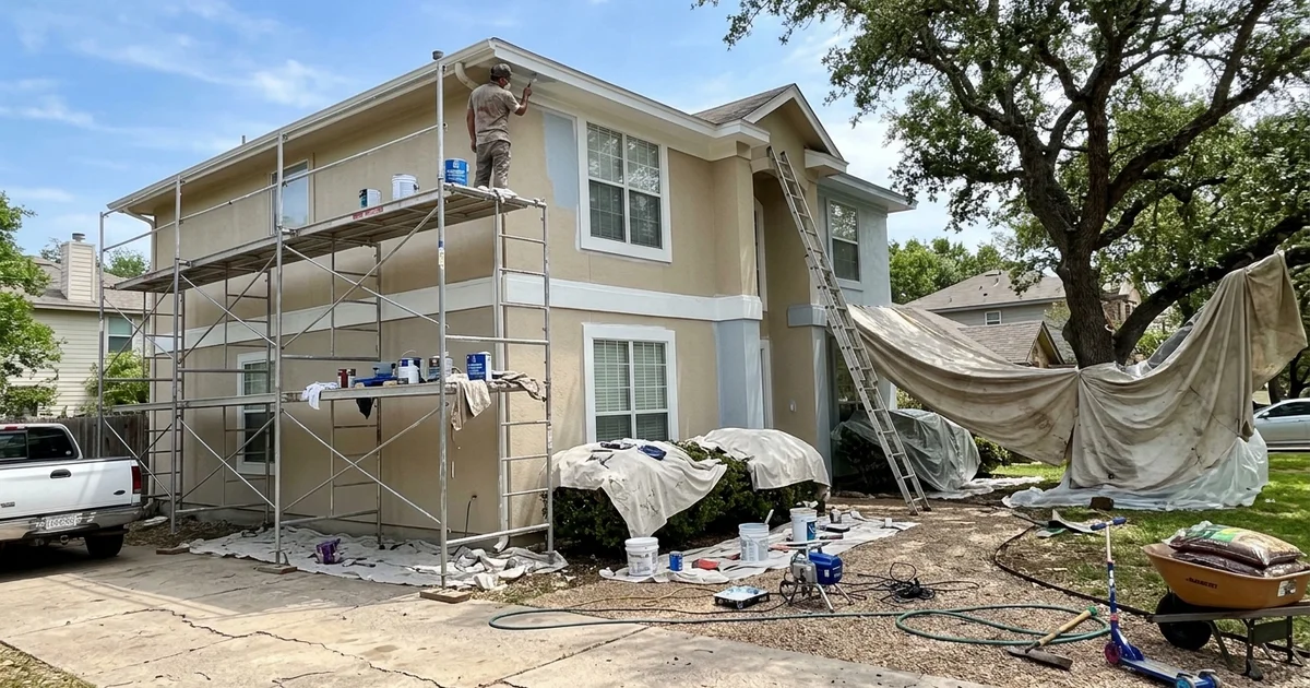 Two-story Round Rock home with scaffolding and ladders during an exterior repaint