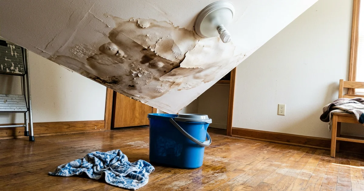 Water-stained, sagging ceiling drywall in a Round Rock home with a bucket on the floor below