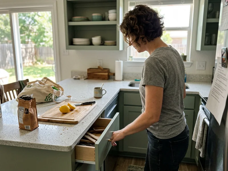 Homeowner opening a smooth painted cabinet drawer in a bright Round Rock kitchen