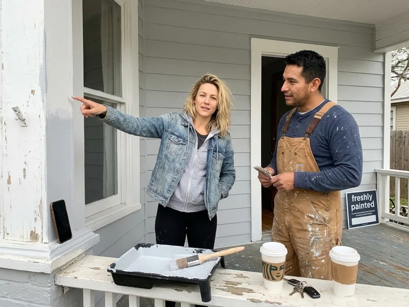 Round Rock homeowners and a painter doing a final walkthrough on the porch of a freshly painted home