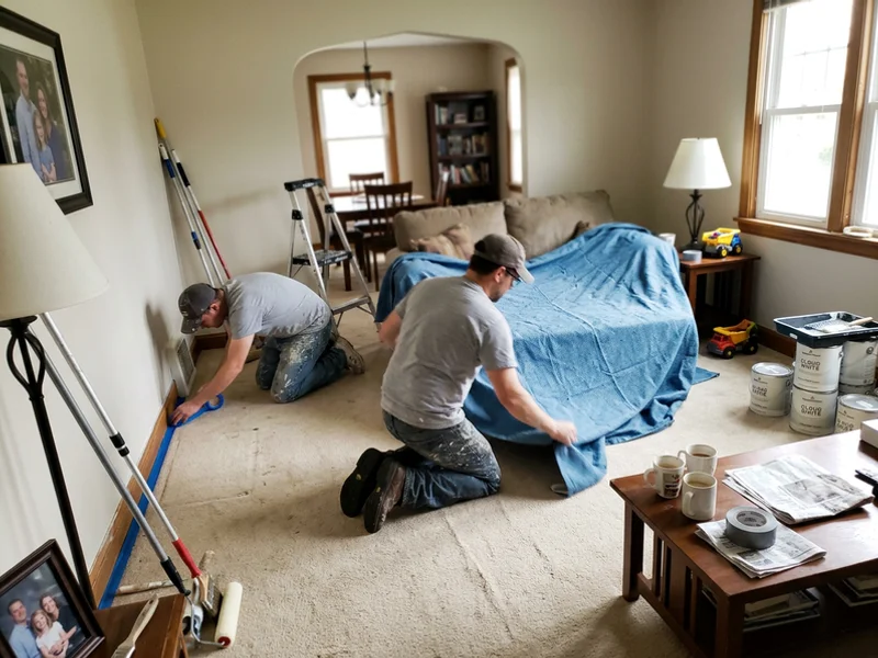 Painting crew laying drop cloths and taping trim before an interior repaint