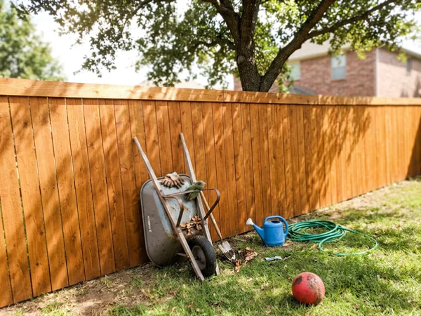 After: the same fence cleaned, brightened and stained a warm cedar tone