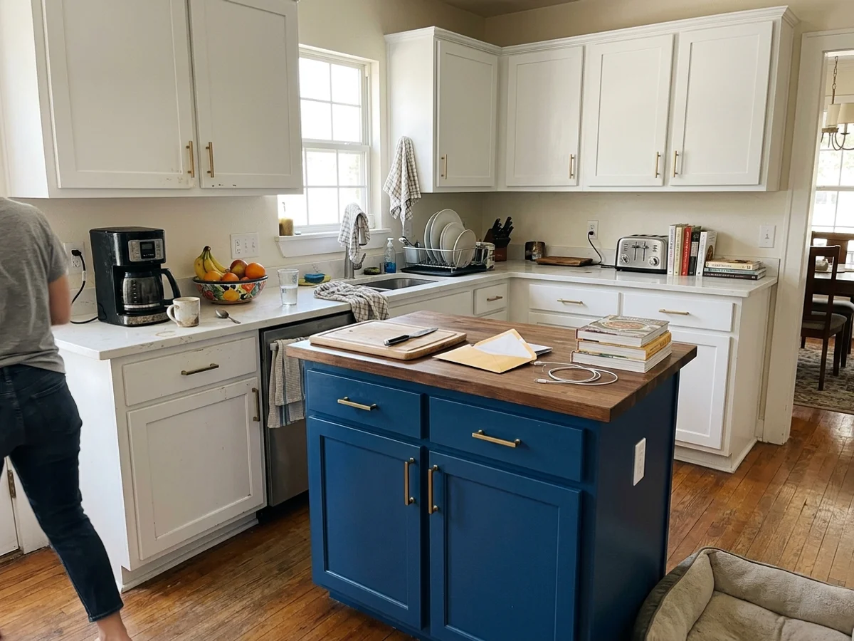 Round Rock kitchen with freshly painted white cabinets and a deep blue island
