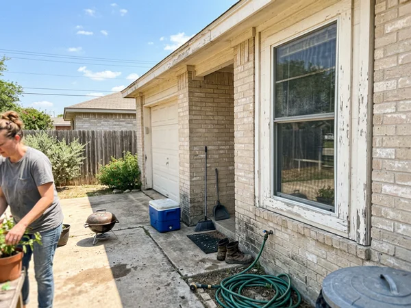 Before: faded, chalky west wall and peeling trim on a 1990s Round Rock home