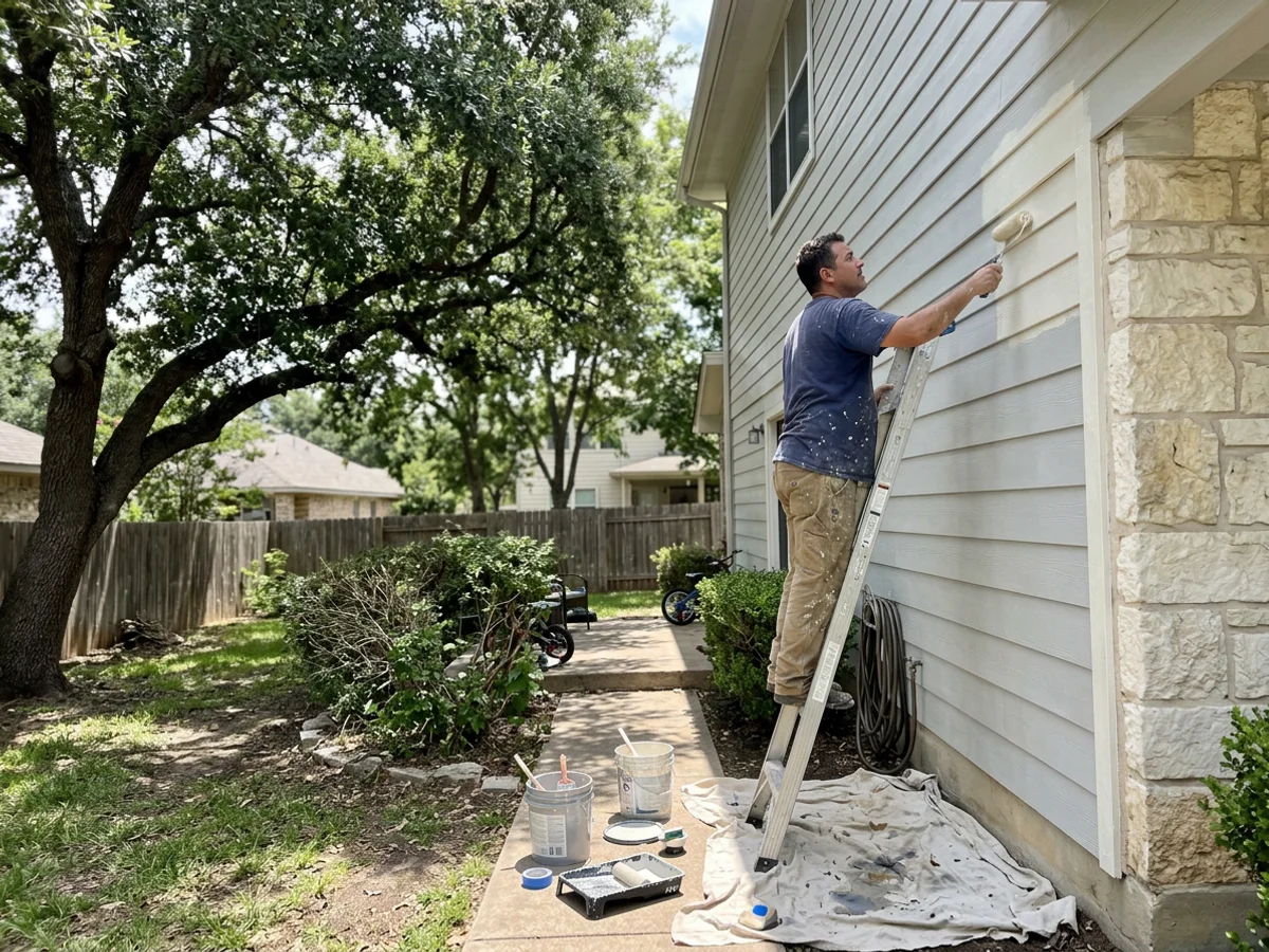 Painter rolling fresh paint onto fiber cement siding of a Round Rock home with limestone accents