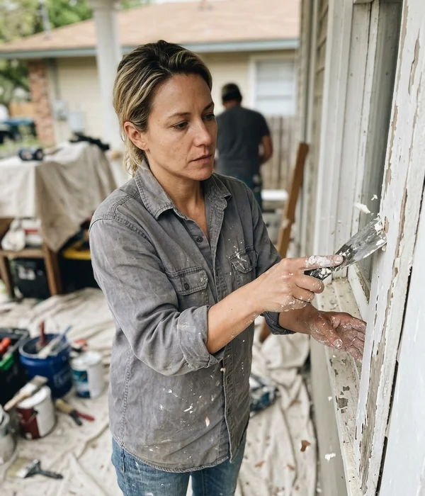Round Rock crew lead scraping old paint from window trim on a Williamson County house