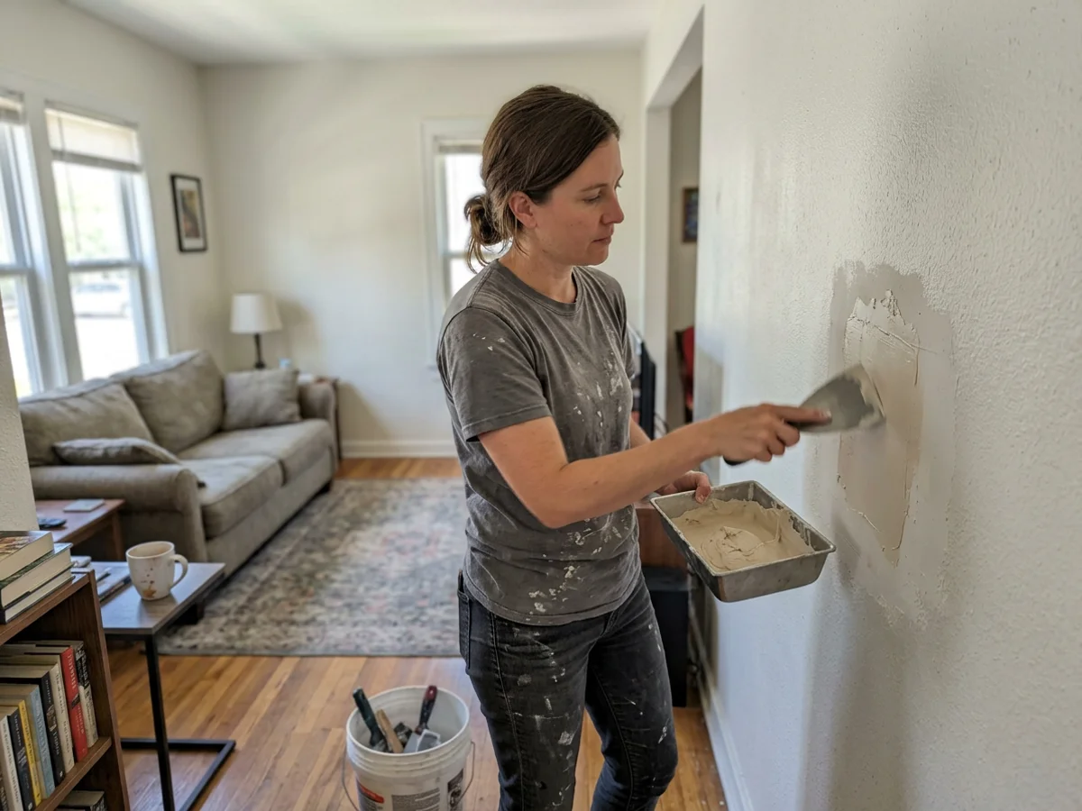 Painter feathering joint compound over a drywall patch in a Round Rock living room