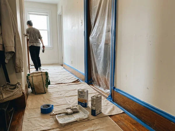 Round Rock hallway taped and protected mid-project