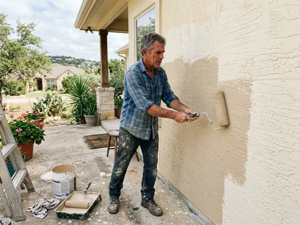Rolling elastomeric coating on a Siena-style stucco wall in Round Rock
