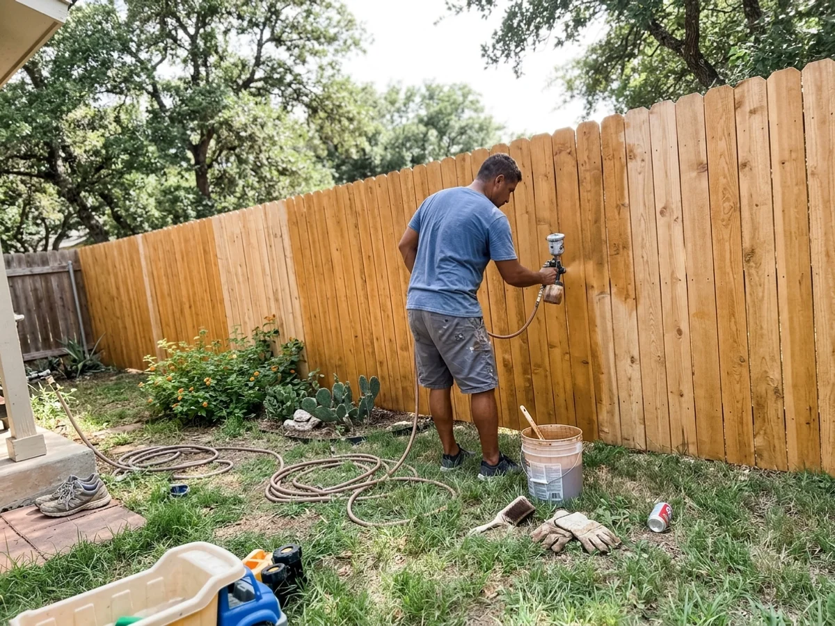 Cedar privacy fence being stained a warm tone in a Round Rock backyard