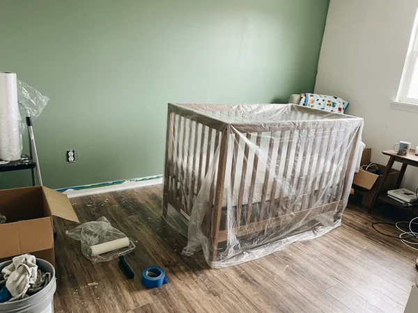 Nursery painted soft green with zero-VOC paint
