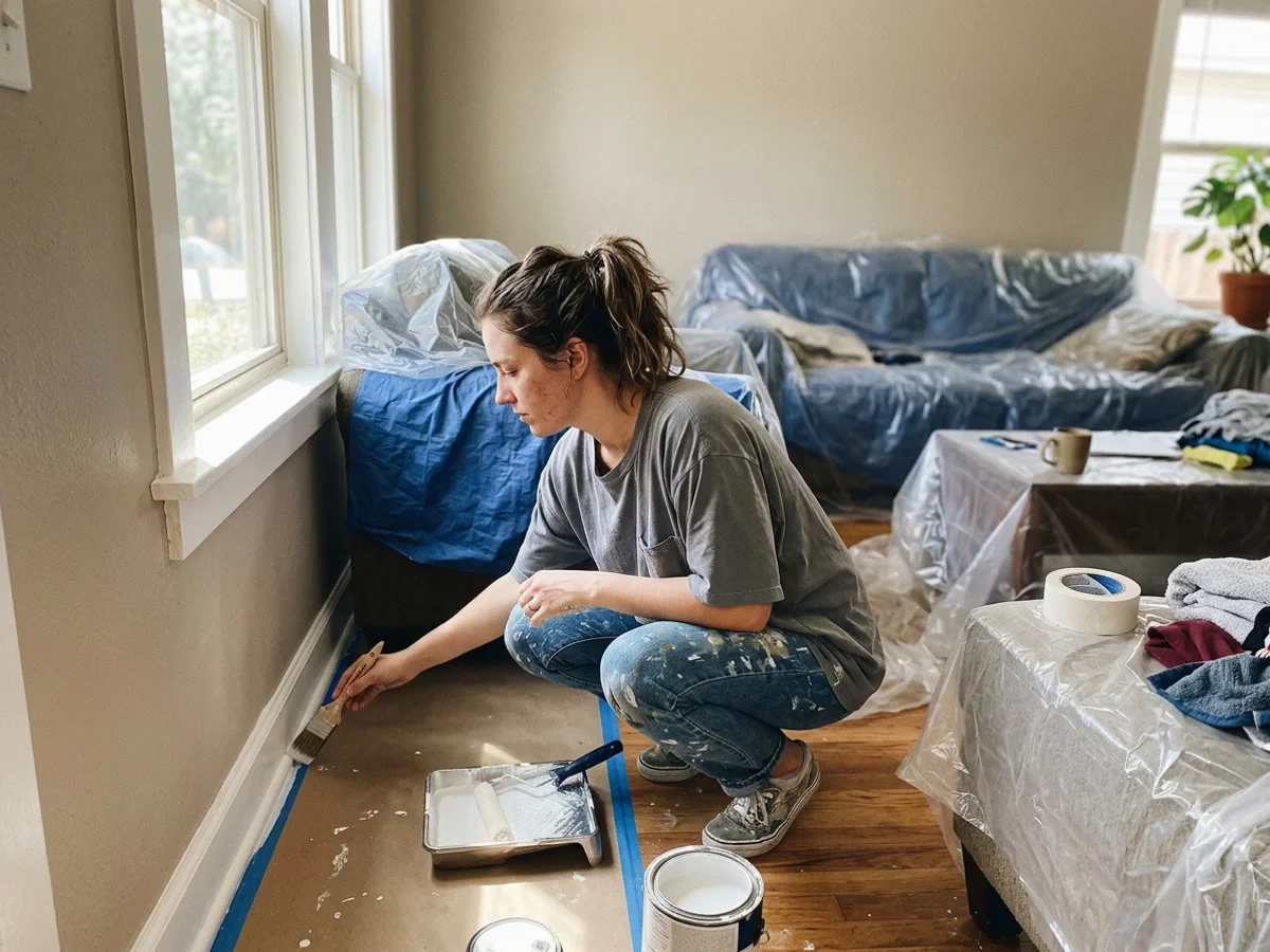 Bluebonnet Ridge painter cutting in along white trim in a Round Rock living room