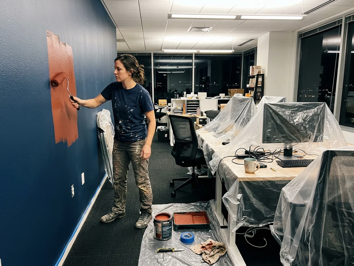 Painter rolling an office wall at night in Round Rock with desks wrapped in plastic
